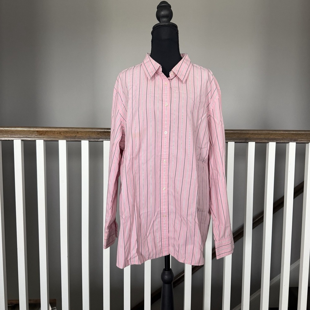 Chaps Womens Plus 3X Pink Striped Button Up Shirt 3/4 Sleeve Top Academia Preppy